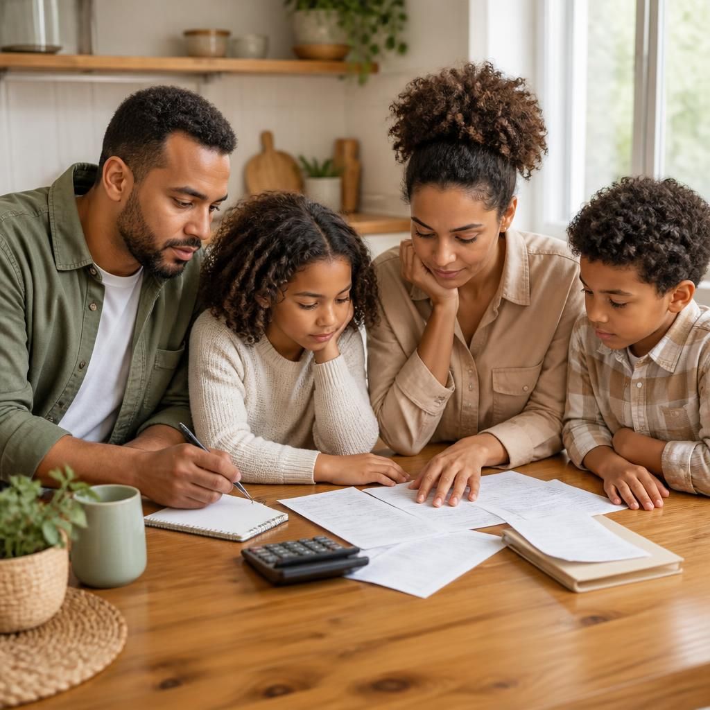 Familia organizando el presupuesto del hogar